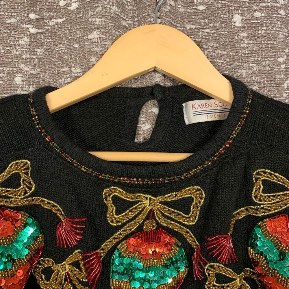 Karen Scott Evening Vintage Christmas Sweater Black Sequin Ornaments Holiday - Picture 5 of 9